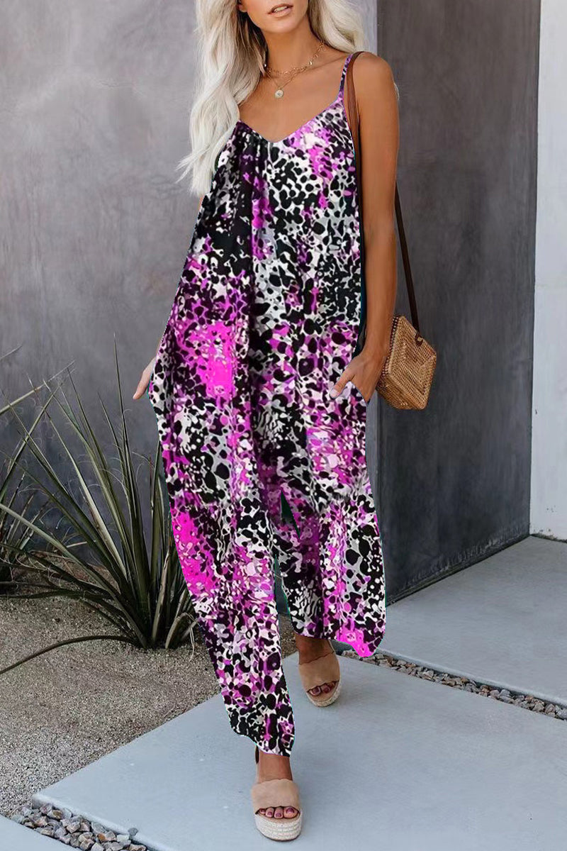 Street Print Pocket V Neck Loose Jumpsuits