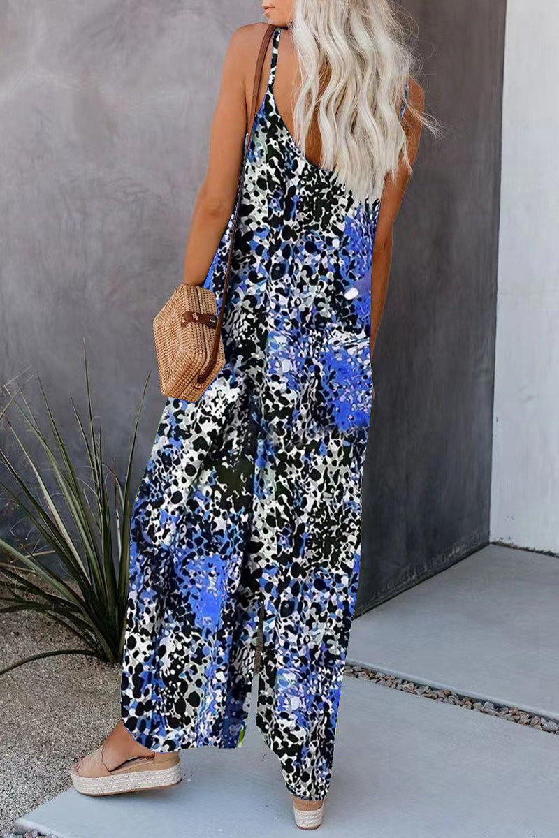 Street Print Pocket V Neck Loose Jumpsuits