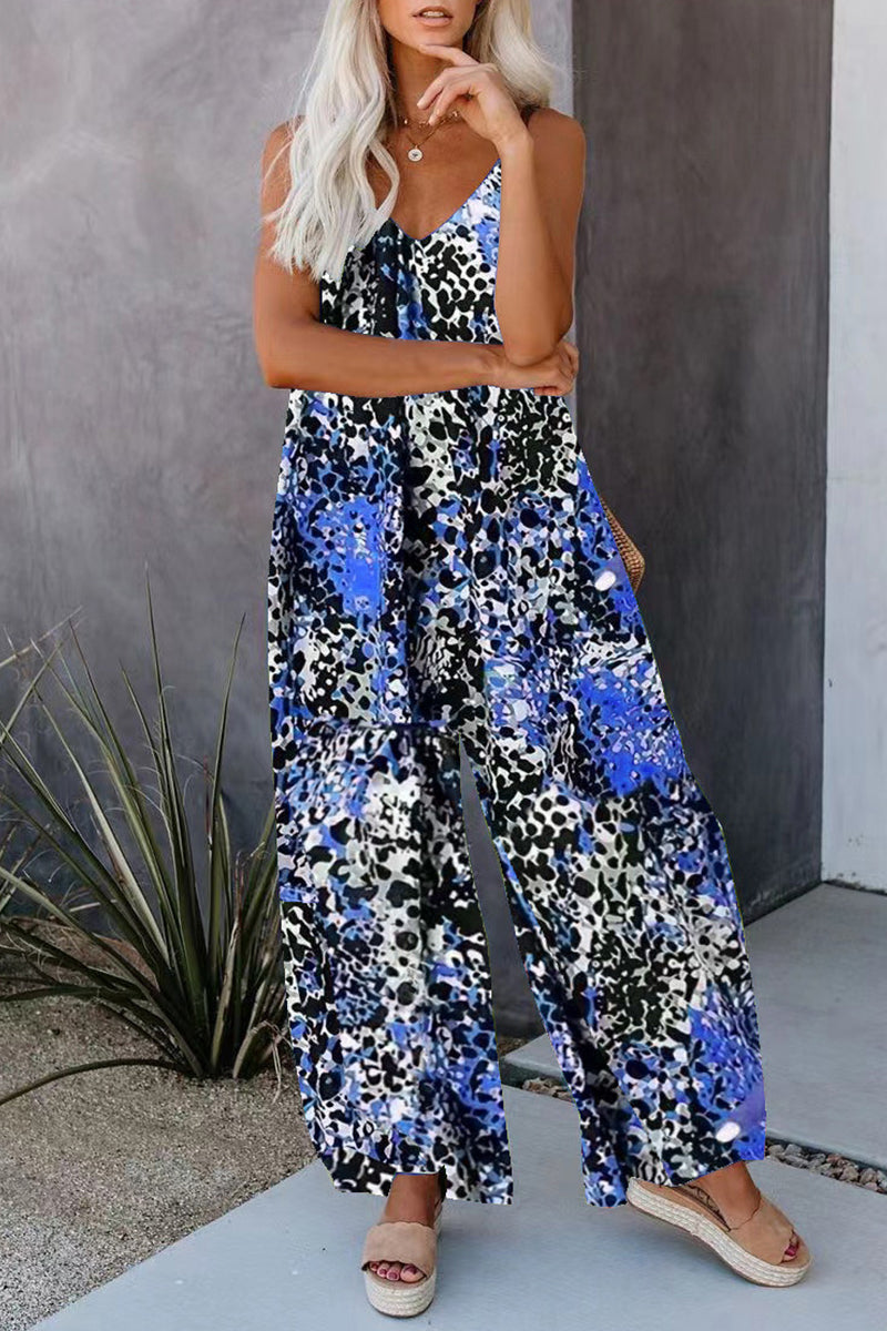 Street Print Pocket V Neck Loose Jumpsuits