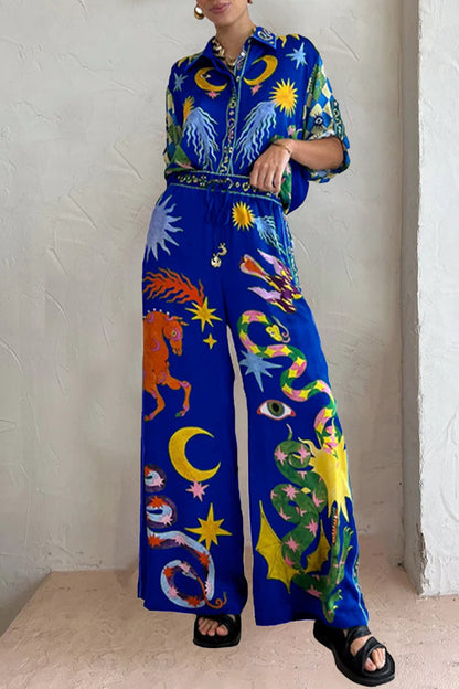 Animal Printing Turndown Collar Long Sleeve Two Pieces
