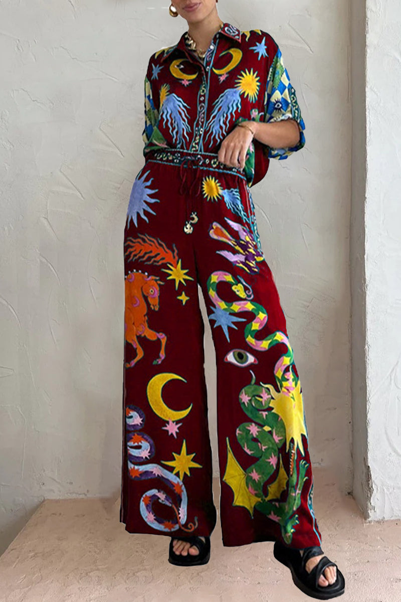 Animal Printing Turndown Collar Long Sleeve Two Pieces
