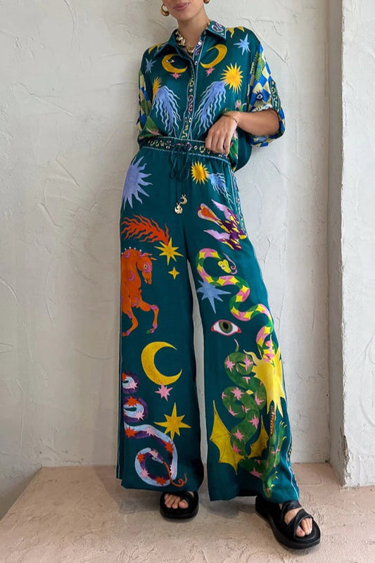 Animal Printing Turndown Collar Long Sleeve Two Pieces