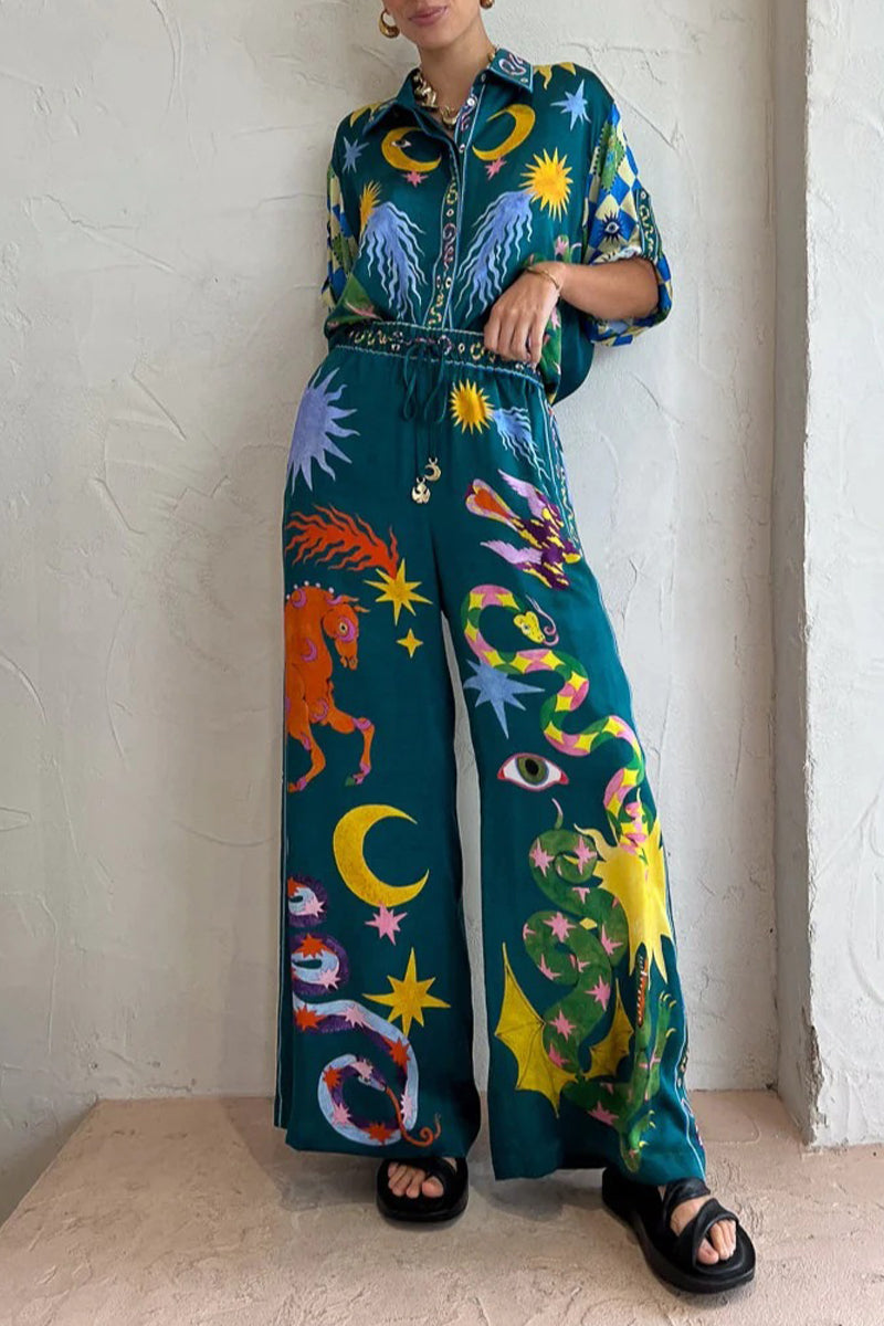 Animal Printing Turndown Collar Long Sleeve Two Pieces