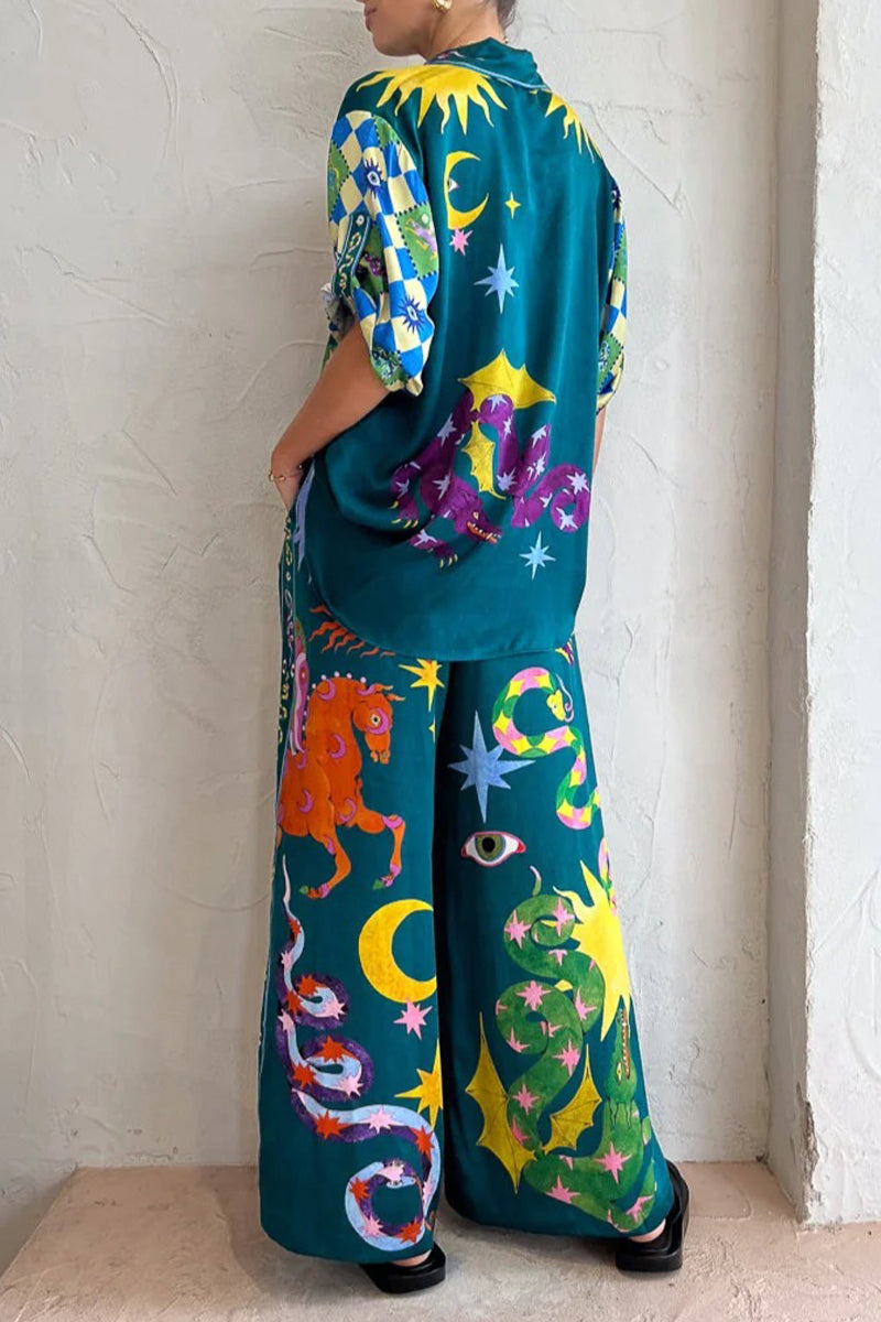 Animal Printing Turndown Collar Long Sleeve Two Pieces