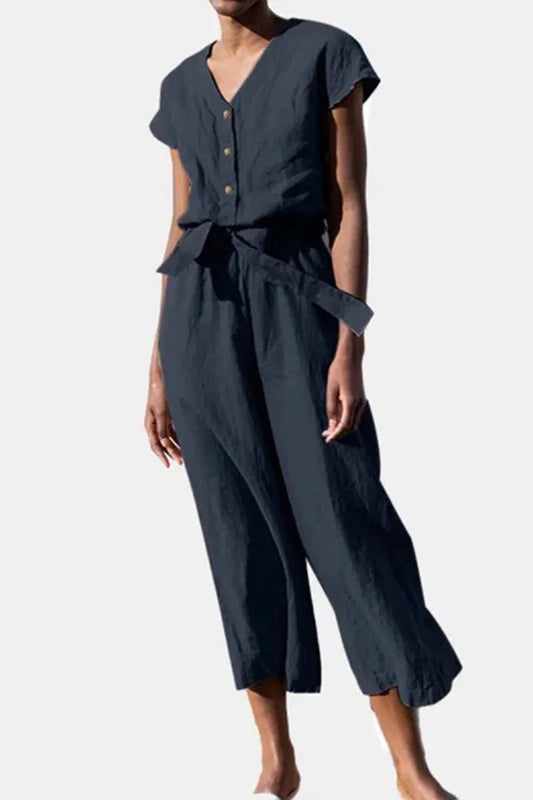 British Style Frenulum V Neck Loose Jumpsuits
