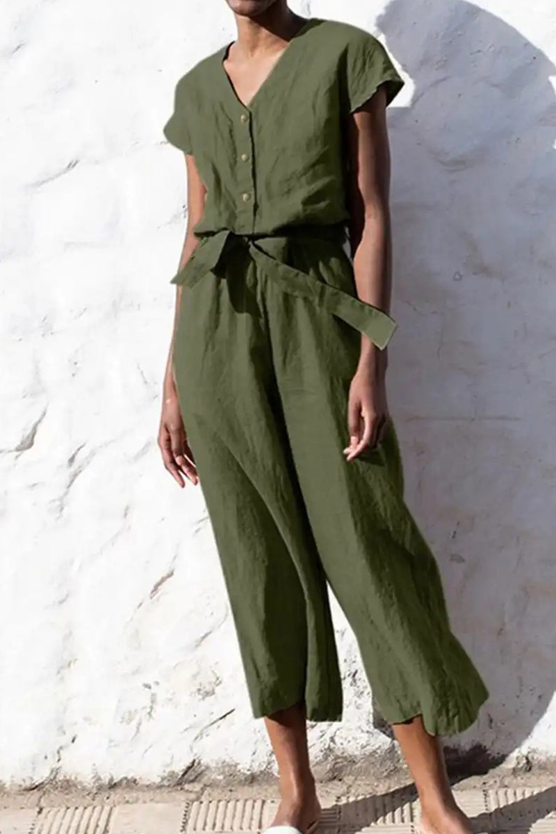 British Style Frenulum V Neck Loose Jumpsuits