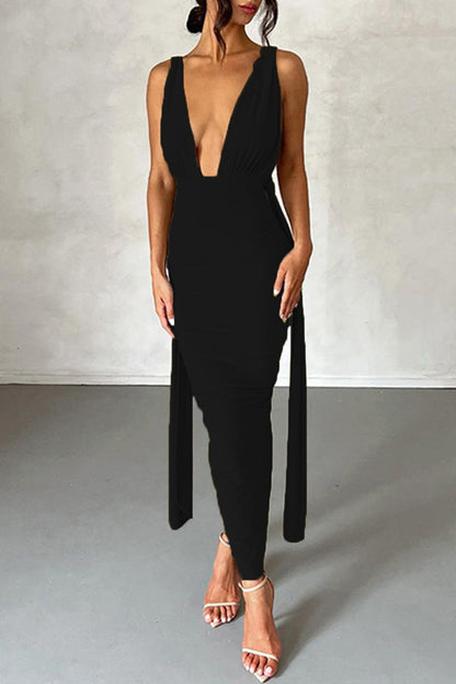Backless Slit Fold V Neck Wrapped Skirt Dresses