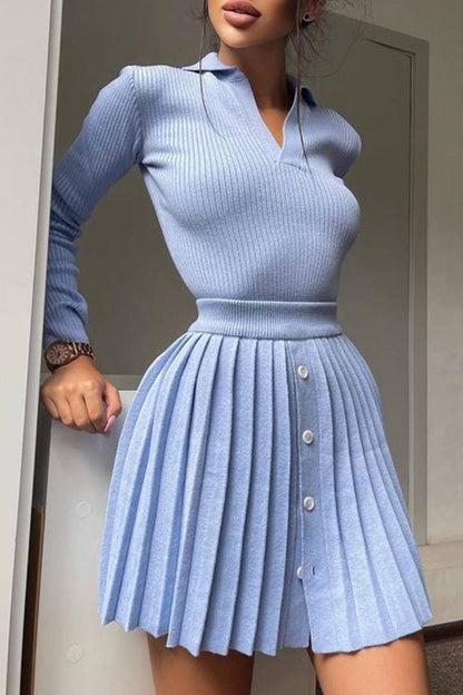 Sweet Buttons V Neck Long Sleeve Two Pieces