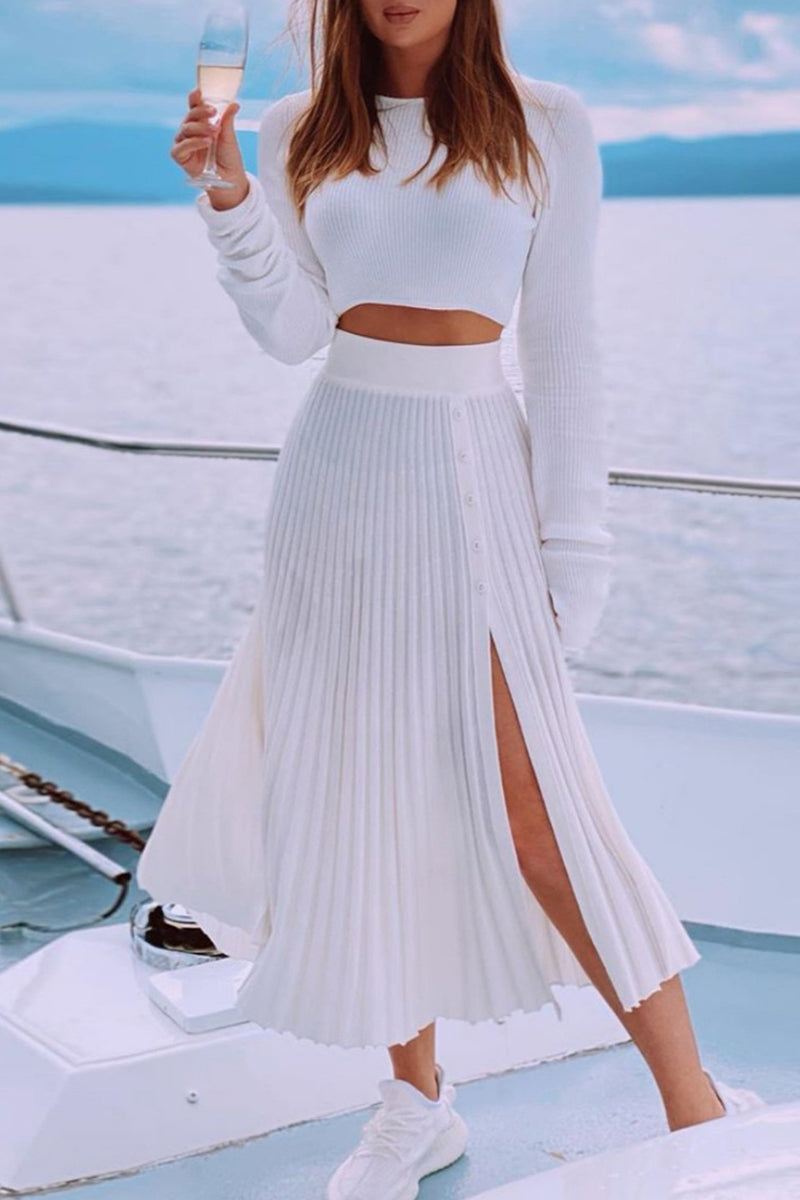 Celebrities Buttons Asymmetrical O Neck Long Sleeve Two Pieces
