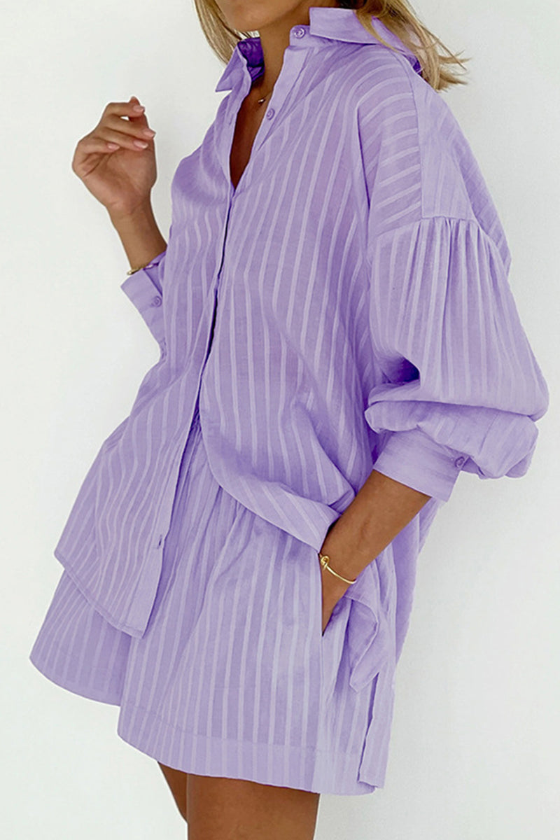 Striped Patchwork Pocket Turndown Collar Long Sleeve Two Pieces