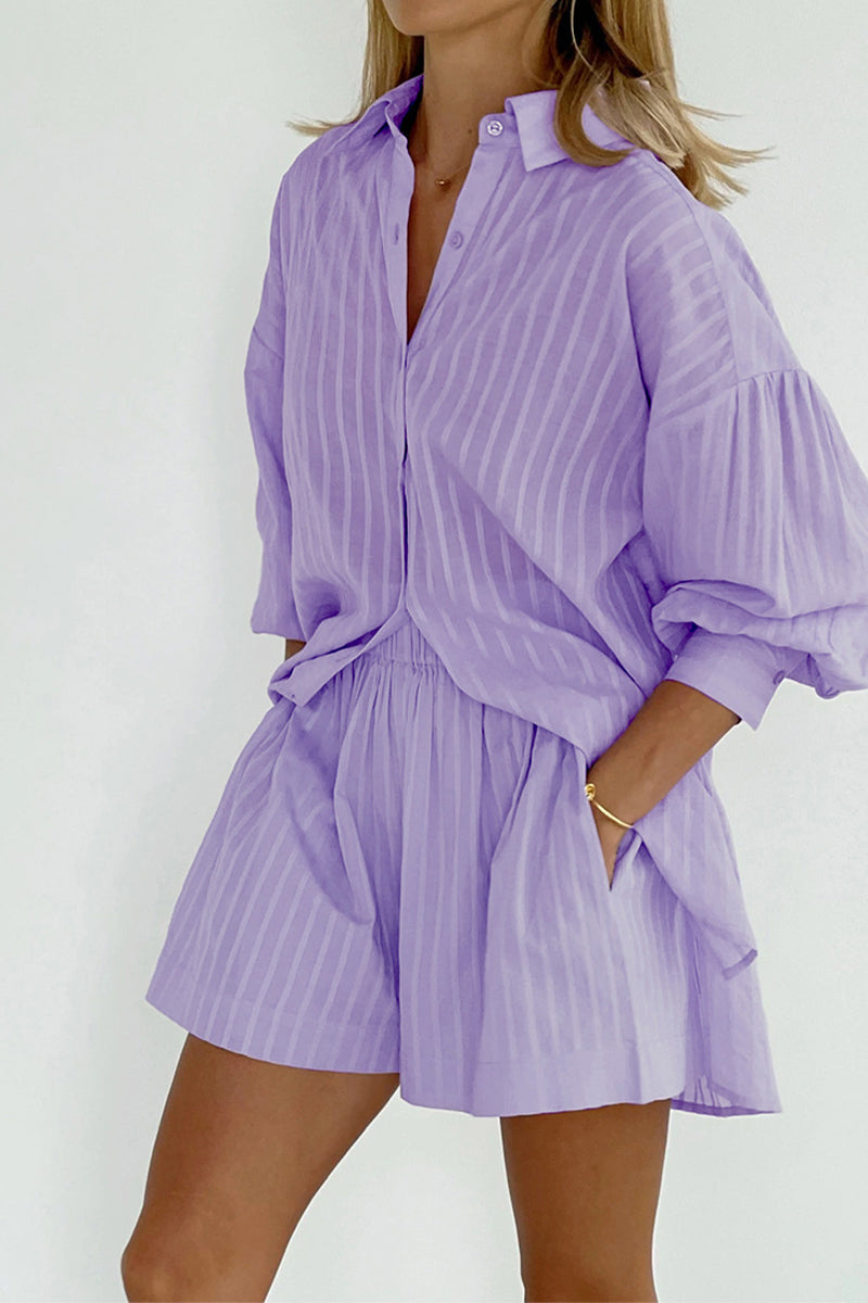 Striped Patchwork Pocket Turndown Collar Long Sleeve Two Pieces