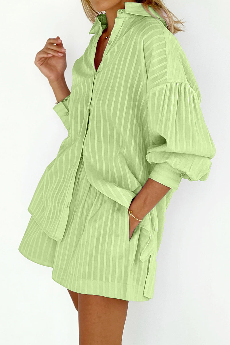 Striped Patchwork Pocket Turndown Collar Long Sleeve Two Pieces