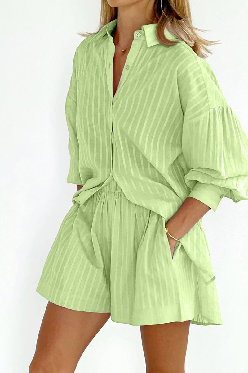 Striped Patchwork Pocket Turndown Collar Long Sleeve Two Pieces
