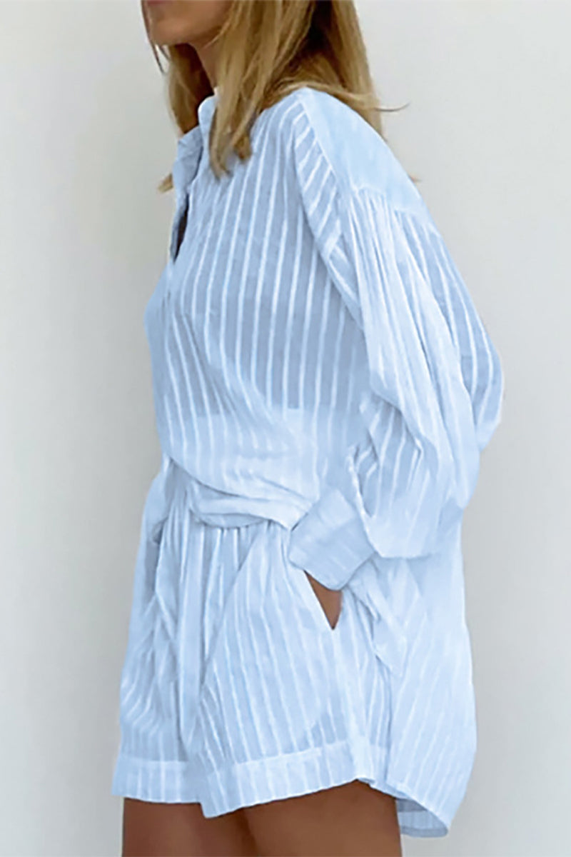 Striped Patchwork Pocket Turndown Collar Long Sleeve Two Pieces