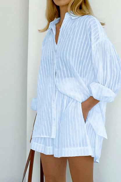 Striped Patchwork Pocket Turndown Collar Long Sleeve Two Pieces