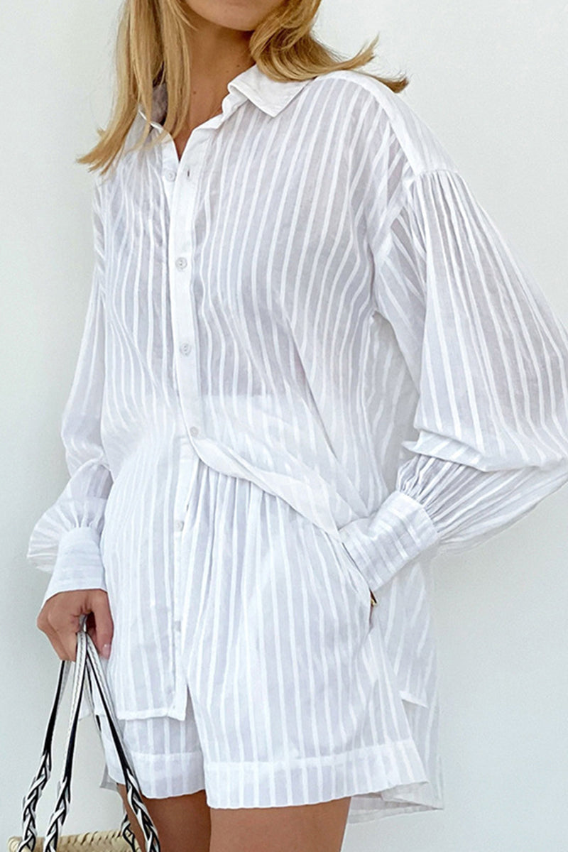 Striped Patchwork Pocket Turndown Collar Long Sleeve Two Pieces