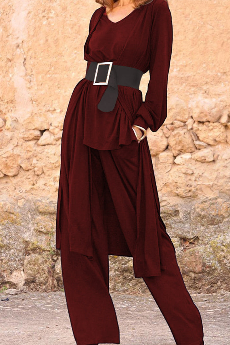 With Belt V Neck Long Sleeve Two Pieces