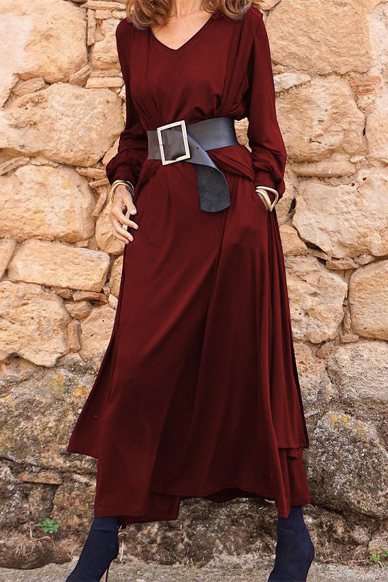 With Belt V Neck Long Sleeve Two Pieces