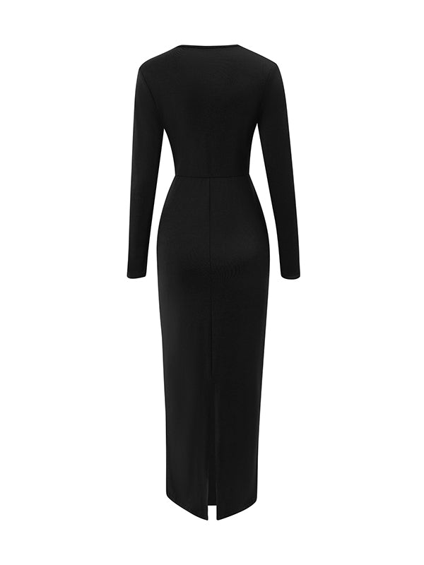 Bodycon Long Sleeves Bowknot Color V-neck Maxi Dresses