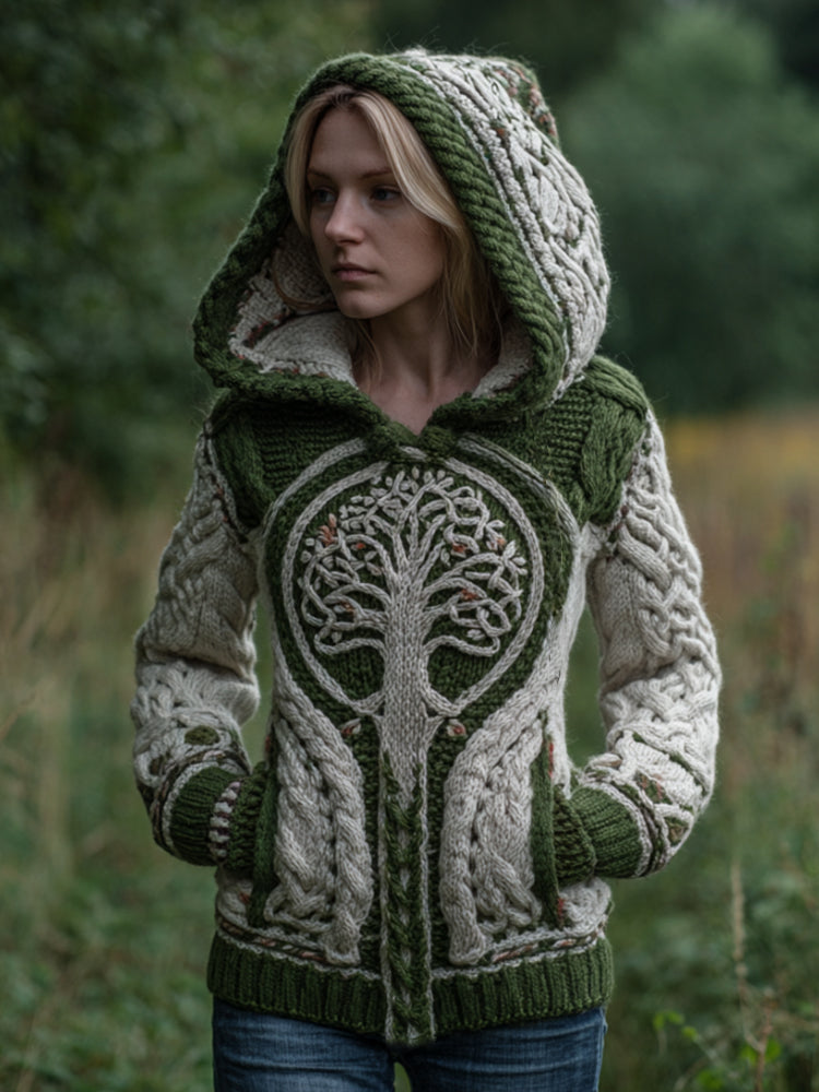 Women's Viking Tree Of Life Celtic Knot Retro Knitted Hooded Sweater artswardrobe