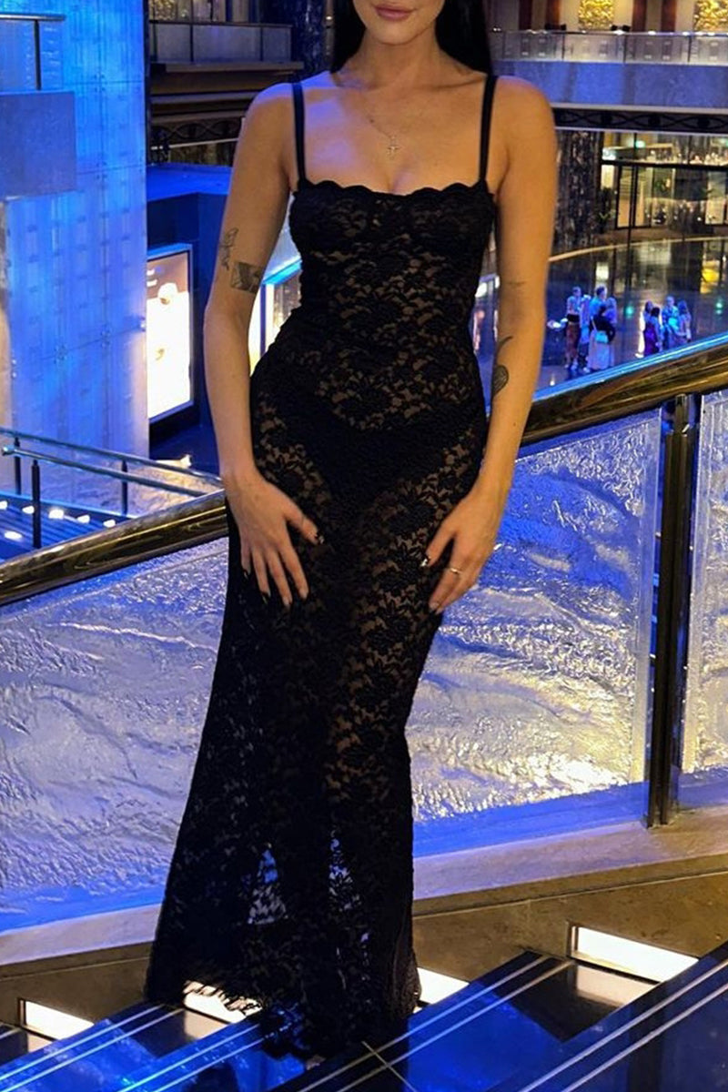 Lace See-through Square Collar Wrapped Skirt Dresses