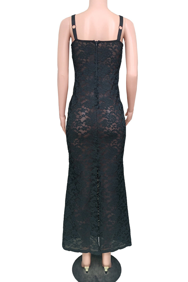 Lace See-through Square Collar Wrapped Skirt Dresses