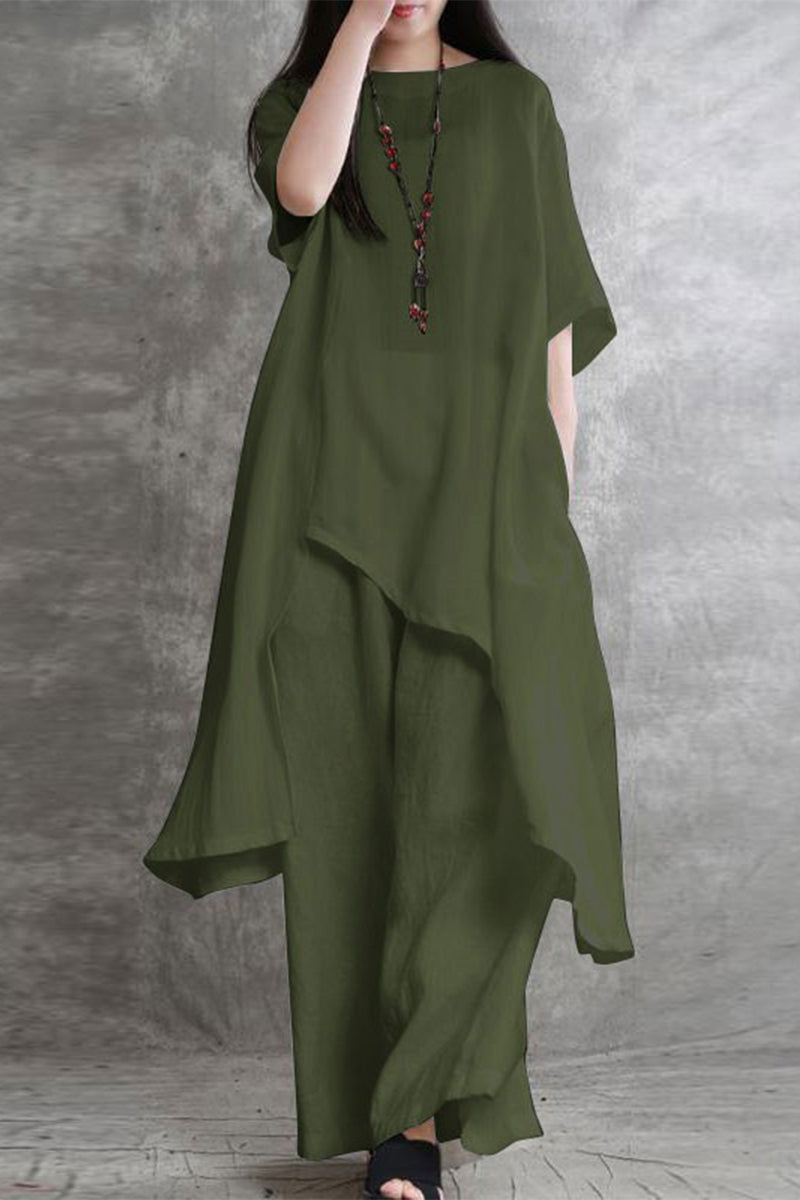Pocket Asymmetrical O Neck Two Pieces