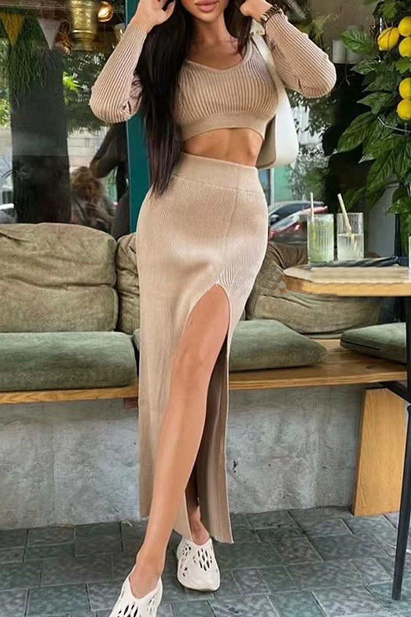 Slit O Neck Long Sleeve Two Pieces