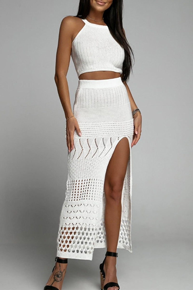 Vacation Patchwork Slit O Neck Sleeveless Two Pieces