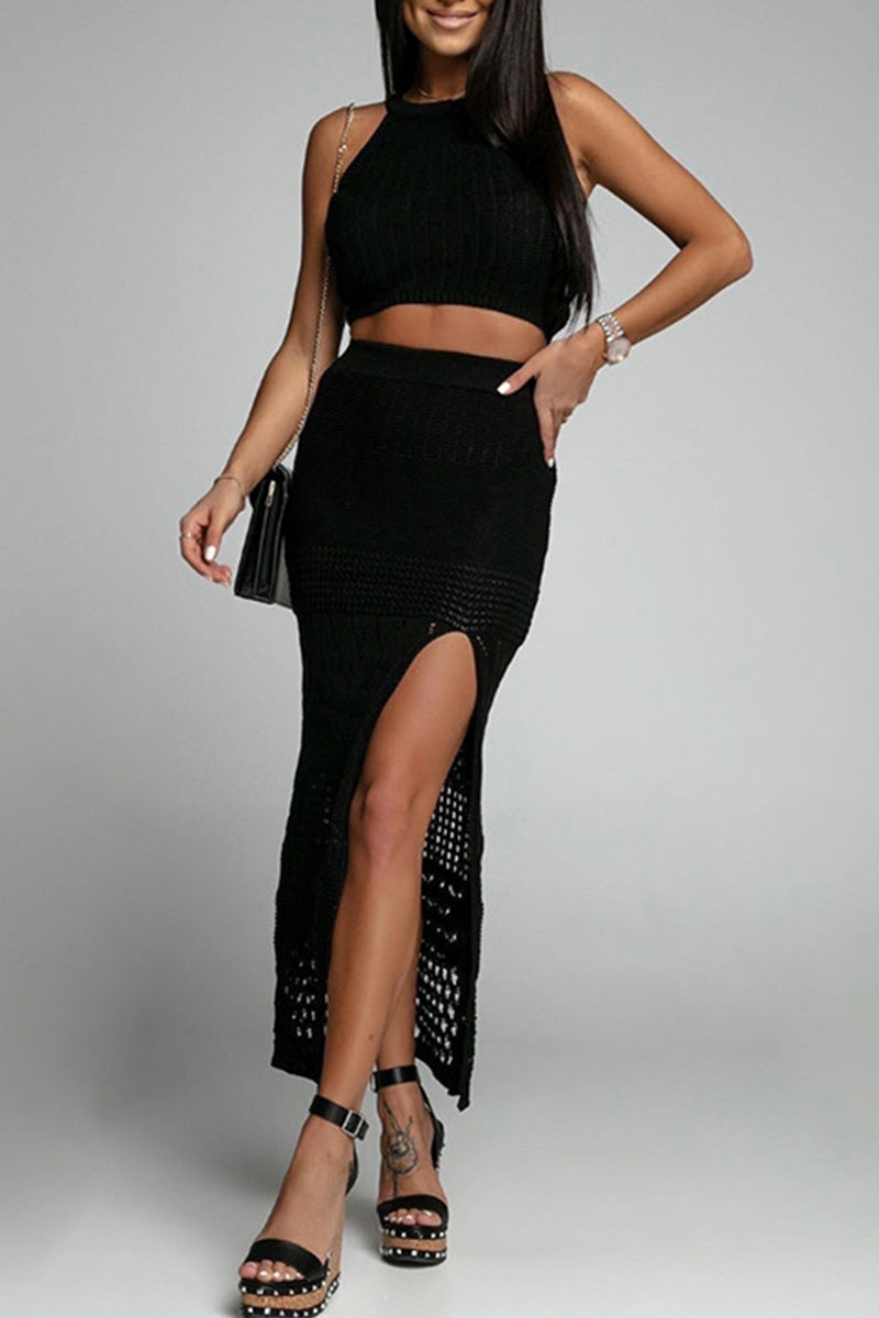 Vacation Patchwork Slit O Neck Sleeveless Two Pieces
