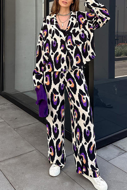 Print Turndown Collar Long Sleeve Two Pieces