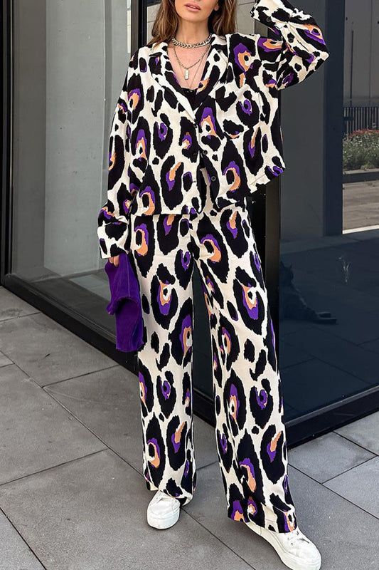 Print Turndown Collar Long Sleeve Two Pieces