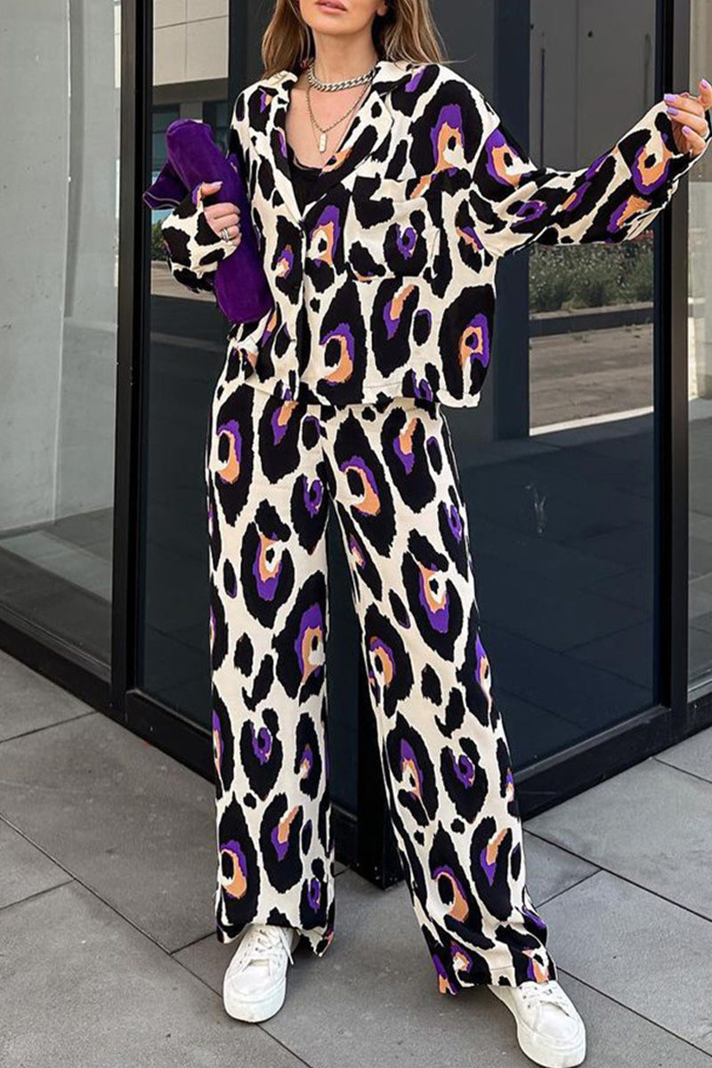 Print Turndown Collar Long Sleeve Two Pieces