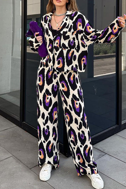 Print Turndown Collar Long Sleeve Two Pieces