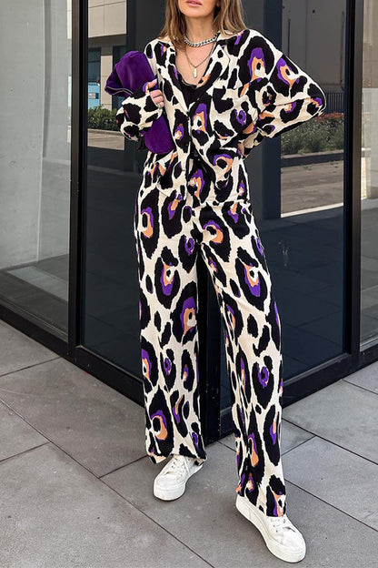 Print Turndown Collar Long Sleeve Two Pieces