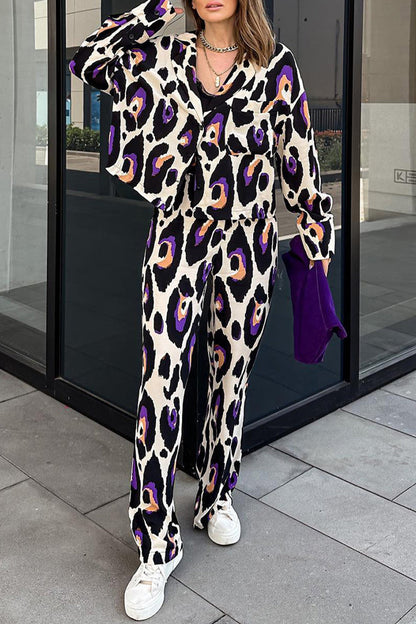 Print Turndown Collar Long Sleeve Two Pieces