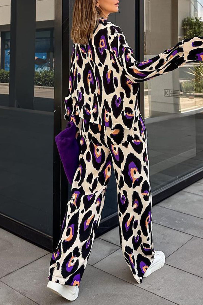 Print Turndown Collar Long Sleeve Two Pieces