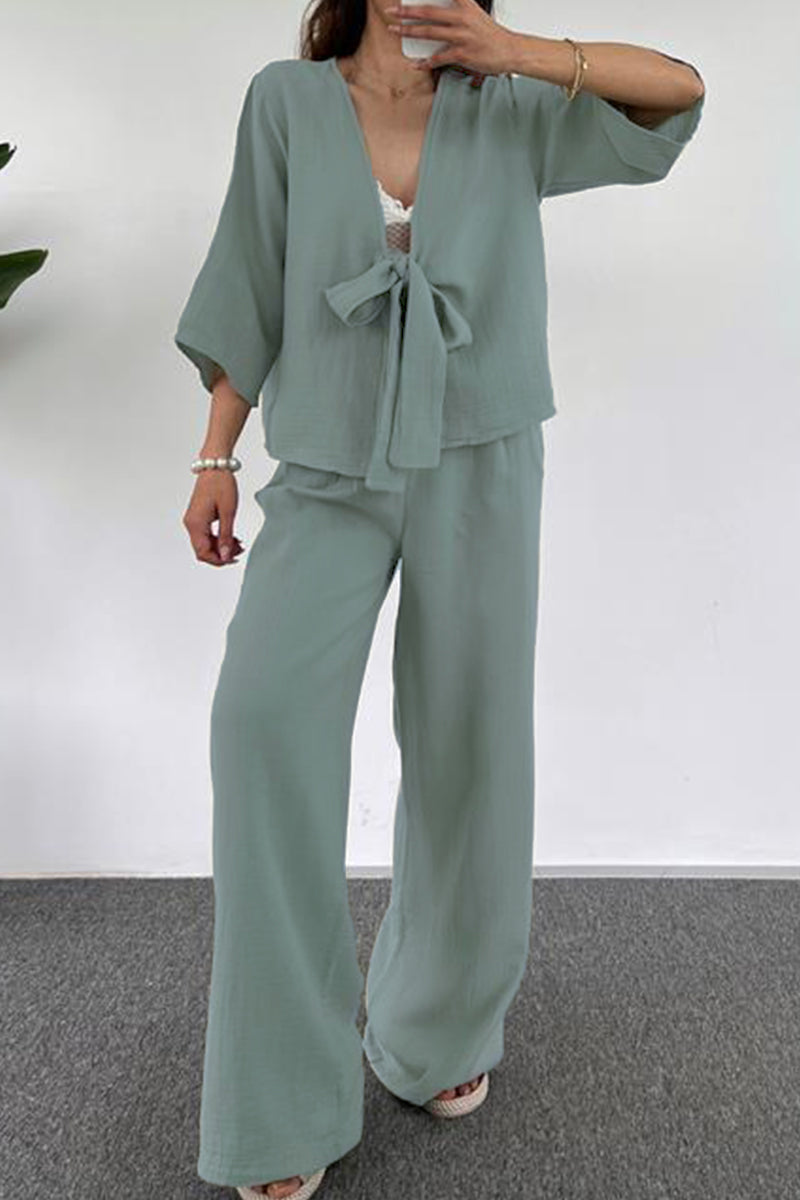 Simplicity Pocket V Neck Three Quarter Two Pieces