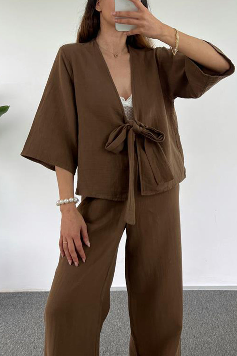 Simplicity Pocket V Neck Three Quarter Two Pieces