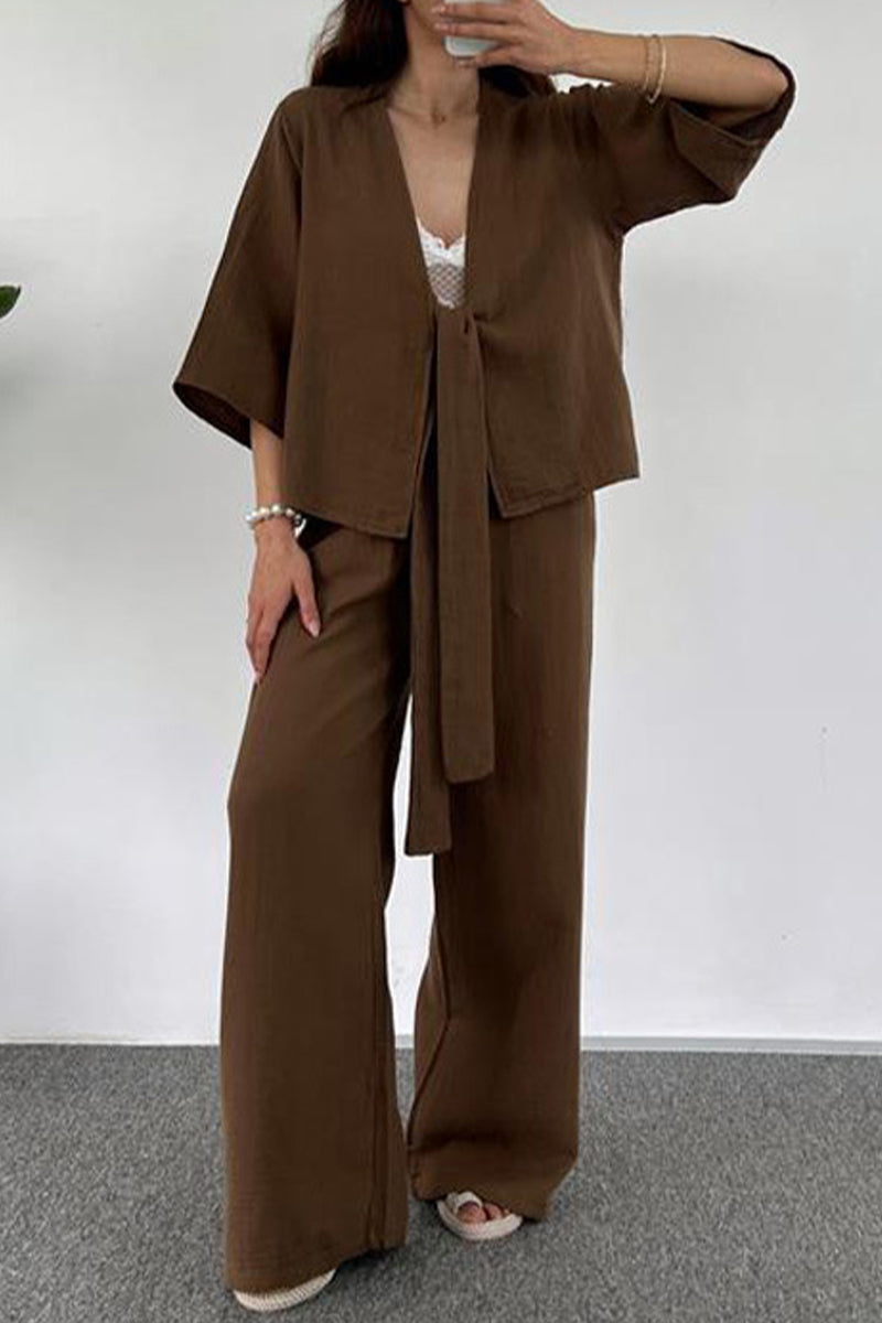 Simplicity Pocket V Neck Three Quarter Two Pieces