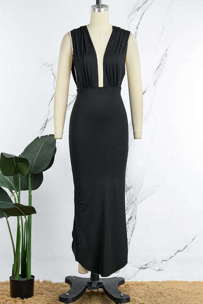 Backless Slit Fold V Neck Wrapped Skirt Dresses