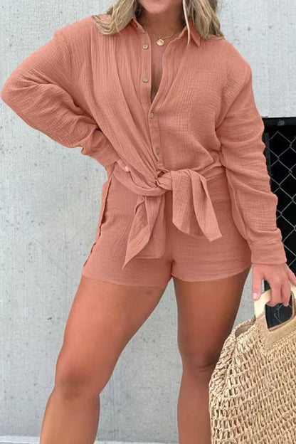 Patchwork Turndown Collar Long Sleeve Two Pieces