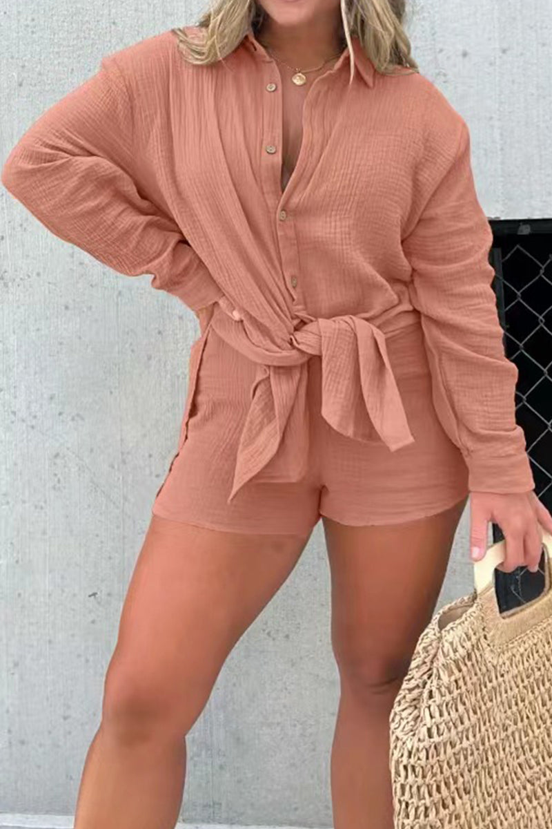 Patchwork Turndown Collar Long Sleeve Two Pieces