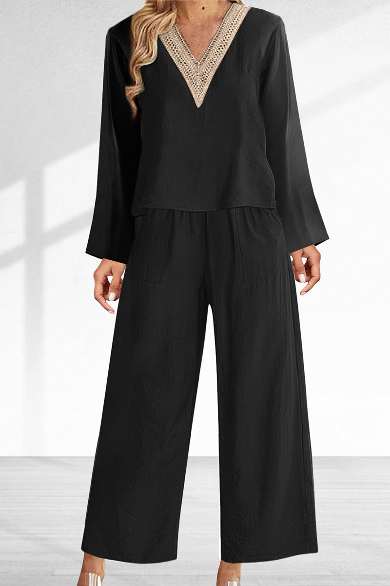 Lace Patchwork V Neck Long Sleeve Two Pieces