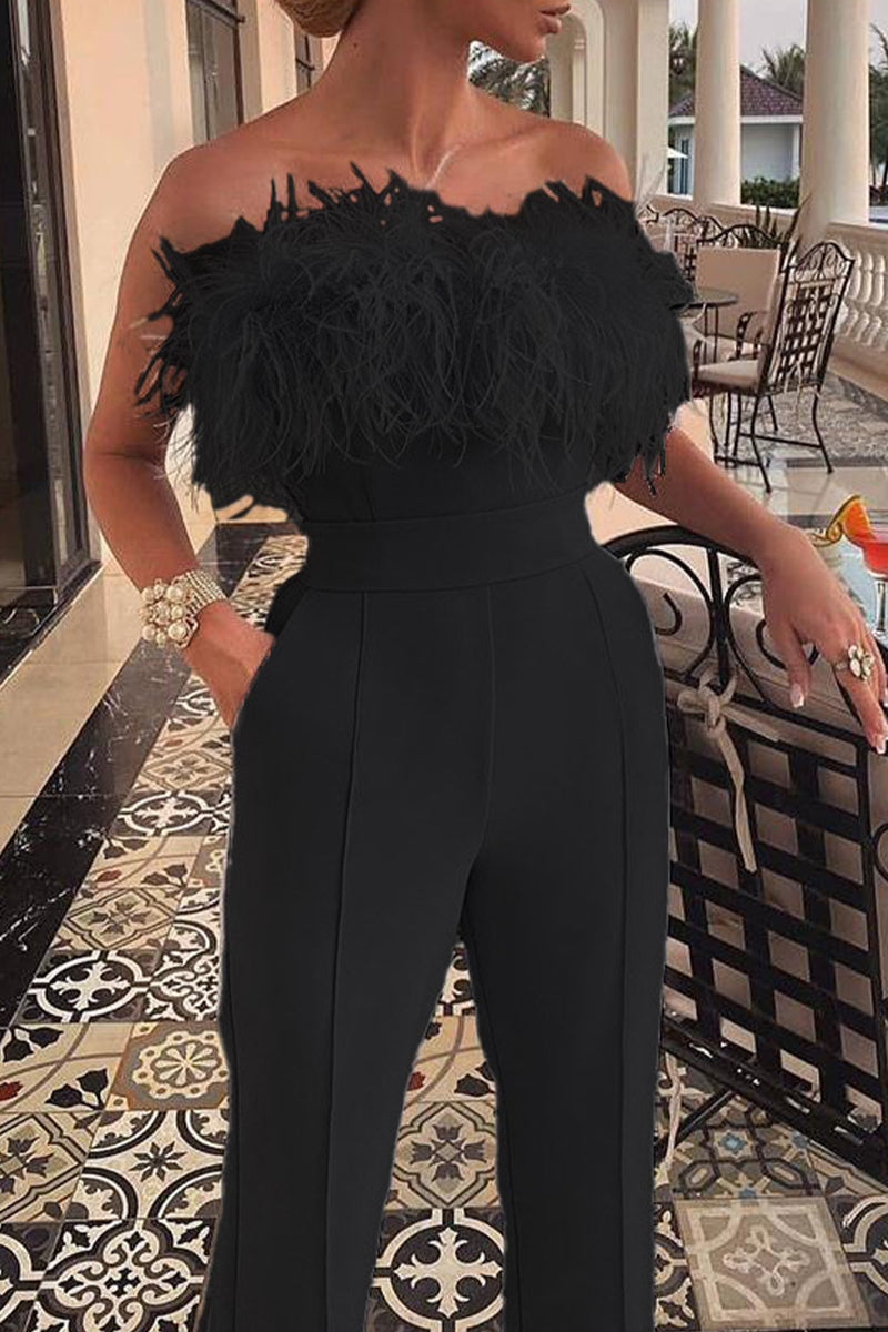 Feathers Strapless Loose Jumpsuits(3 Colors)