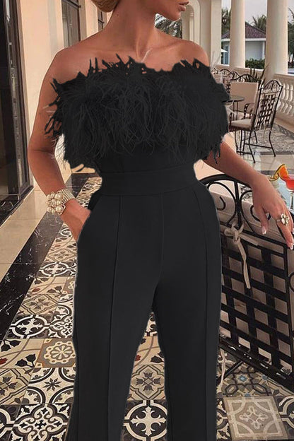 Feathers Strapless Loose Jumpsuits(3 Colors)