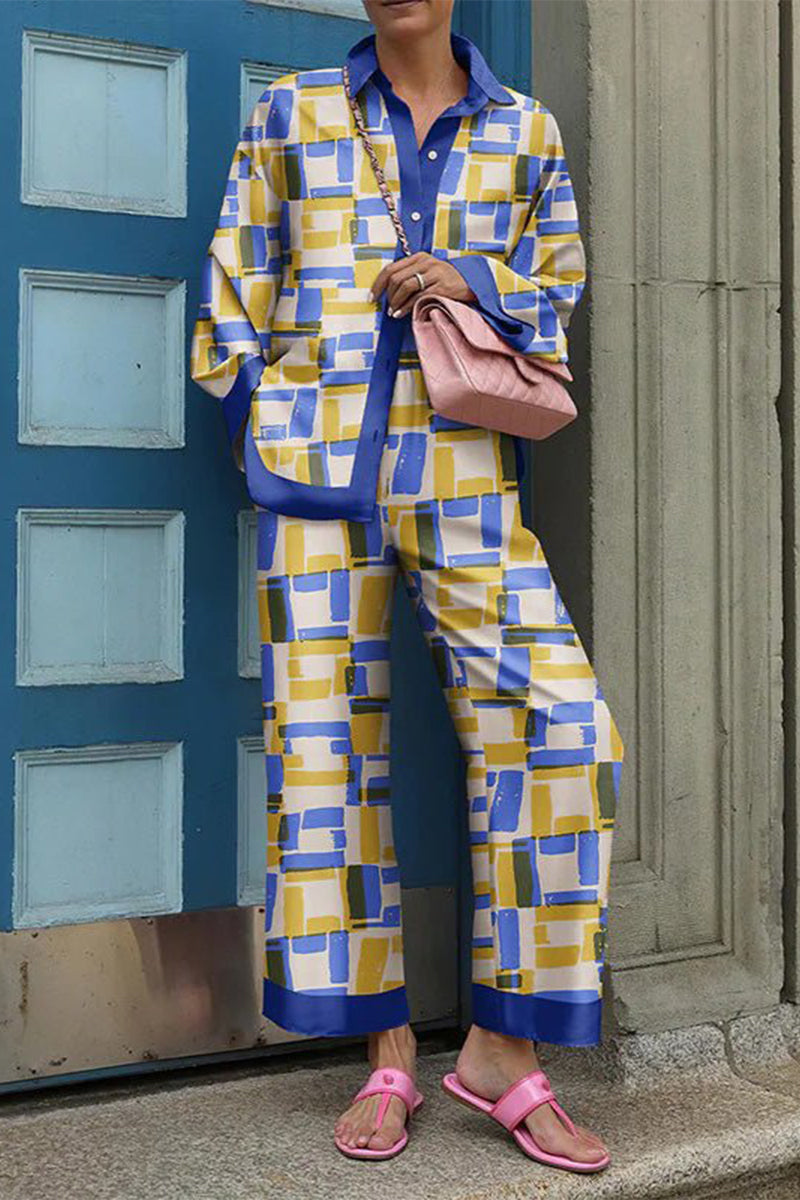 Street Print Patchwork Turndown Collar Long Sleeve Two Pieces