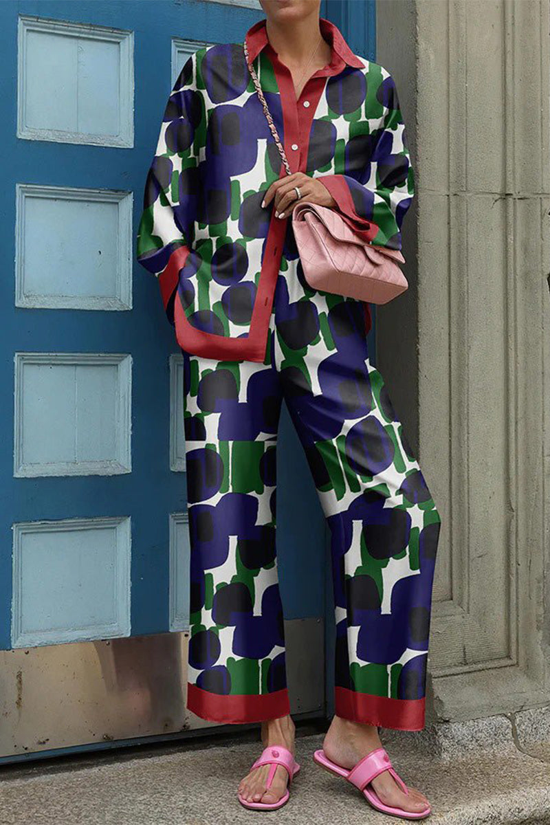 Street Print Patchwork Turndown Collar Long Sleeve Two Pieces