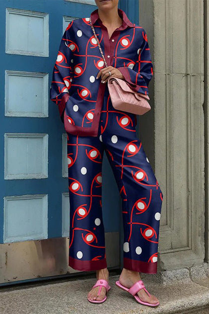 Street Print Patchwork Turndown Collar Long Sleeve Two Pieces