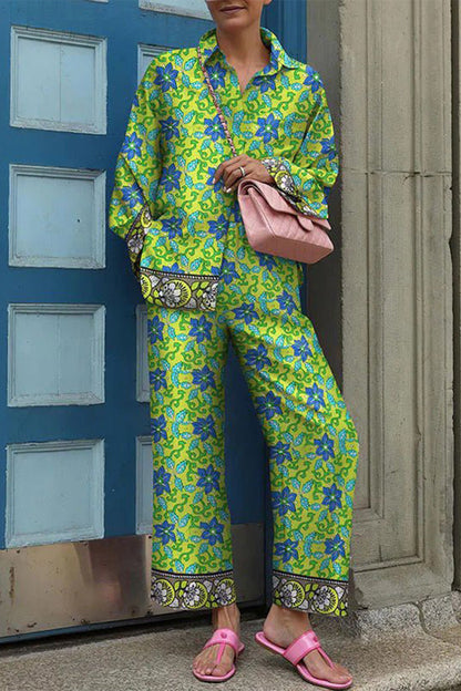Street Print Patchwork Turndown Collar Long Sleeve Two Pieces